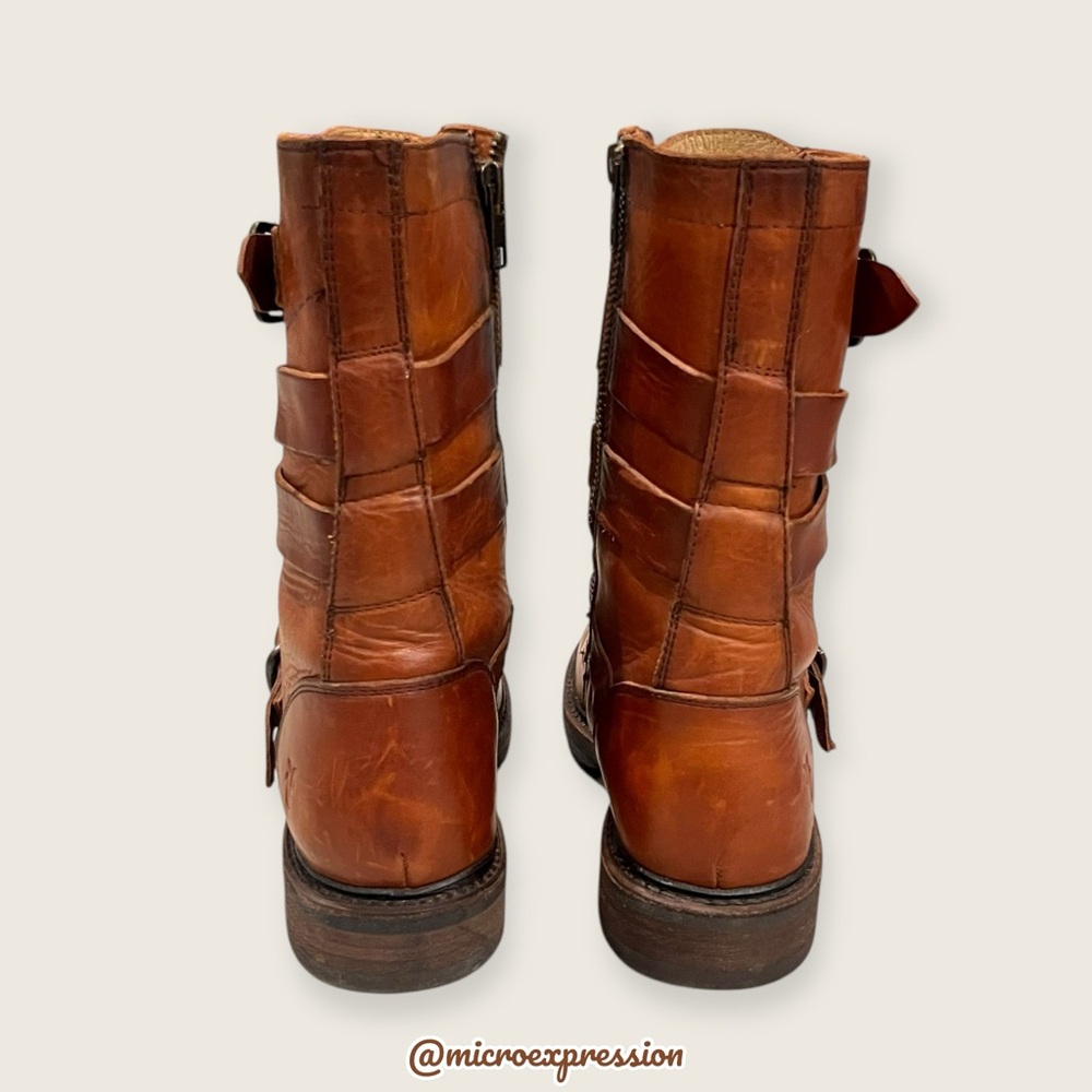 $389 Veronica Tanker Cognac Brown Real Leather Strappy Belted Moto Combat Boots - Picture 8 of 14